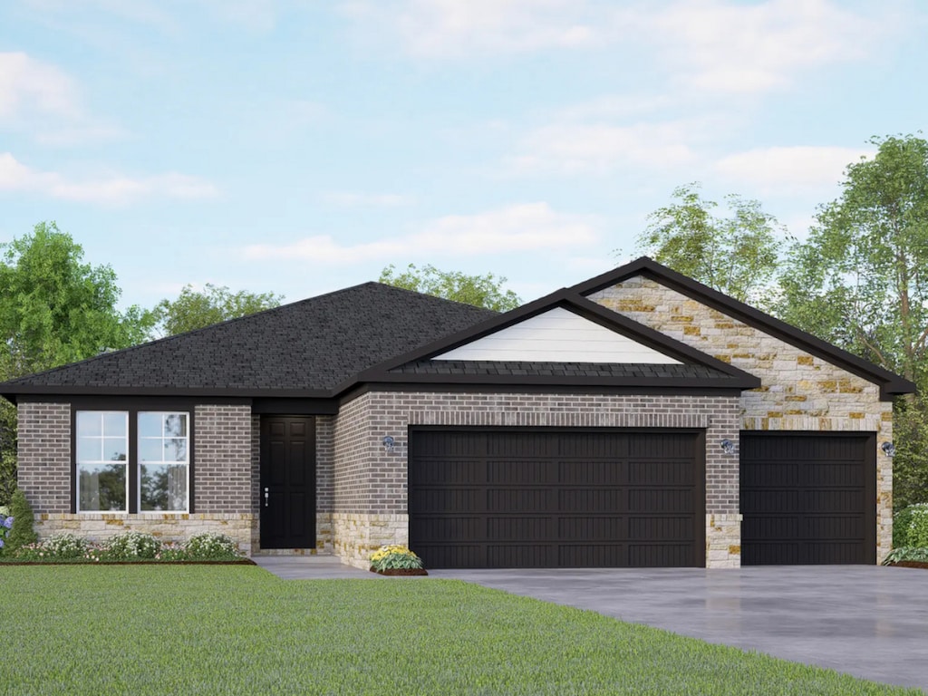 218 Lily Pass, Castroville, TX 78009 - single story home with an attached garage, stone siding, concrete driveway, a front lawn, and brick siding