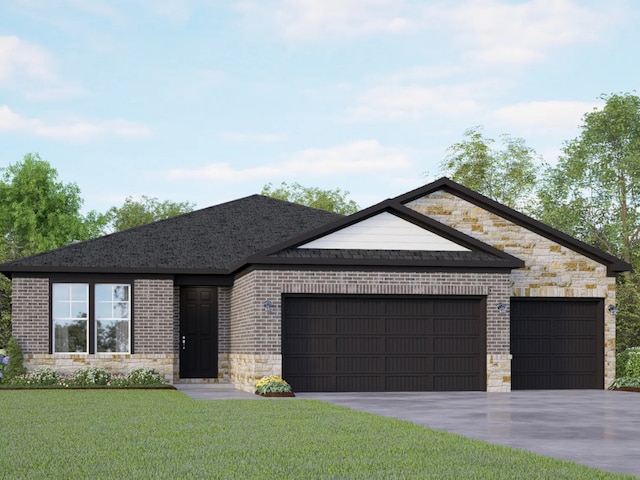 218 Lily Pass, Castroville, TX 78009 - single story home with an attached garage, stone siding, concrete driveway, a front lawn, and brick siding