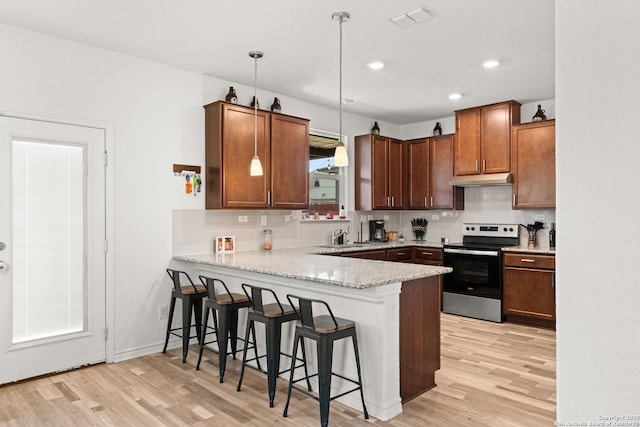6583 Runaway, Converse, TX 78109 - kitchen featuring electric range, light wood-type flooring, decorative backsplash, and recessed lighting