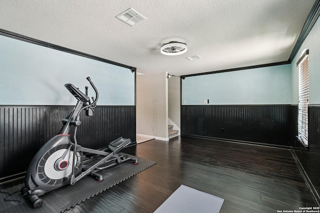 630 Oxalis, San Antonio, TX 78260 - workout room featuring wainscoting, a textured ceiling, wood finished floors, and crown molding