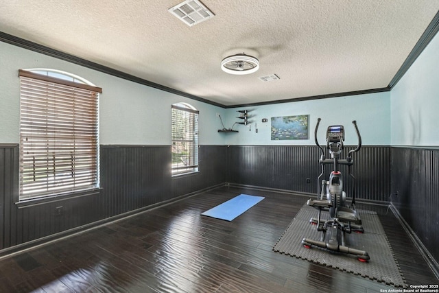 630 Oxalis, San Antonio, TX 78260 - workout room with a wainscoted wall, ornamental molding, a textured ceiling, wood finished floors, and wood walls