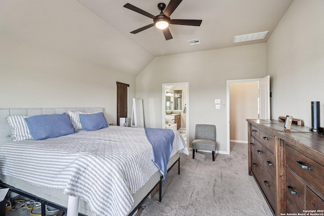 630 Oxalis, San Antonio, TX 78260 - bedroom featuring light colored carpet, lofted ceiling, a ceiling fan, and ensuite bath