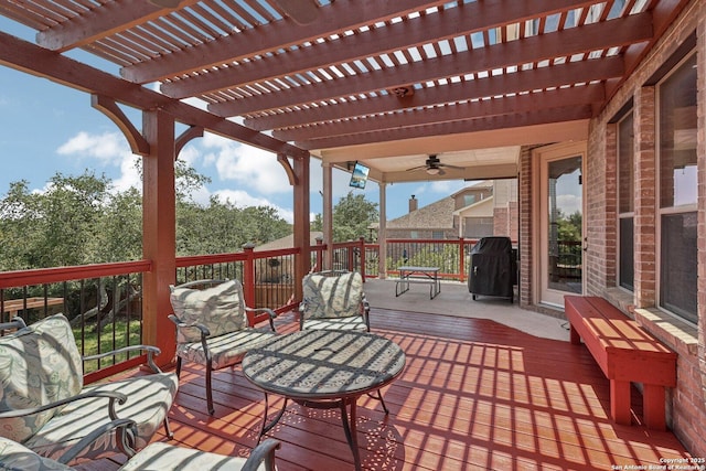 630 Oxalis, San Antonio, TX 78260 - wooden terrace with grilling area, a pergola, and a ceiling fan