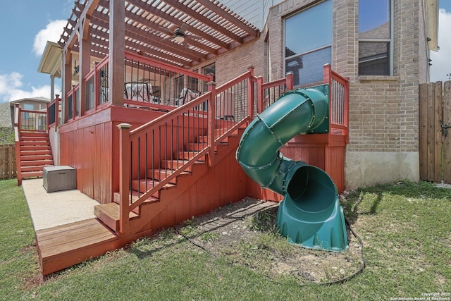 630 Oxalis, San Antonio, TX 78260 - wooden deck featuring ceiling fan, a playground, and stairway