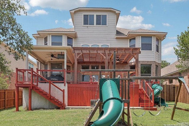 630 Oxalis, San Antonio, TX 78260 - view of jungle gym featuring ceiling fan, a pergola, and stairway
