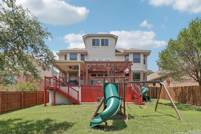 630 Oxalis, San Antonio, TX 78260 - rear view of property featuring a playground, a ceiling fan, a fenced backyard, stairway, and a deck