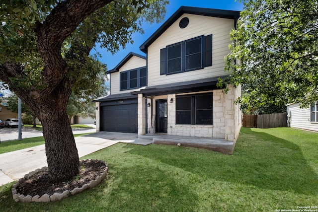 7907 Oakwood Pnes, San Antonio, TX 78254 - traditional-style home with a garage, driveway, and stone siding