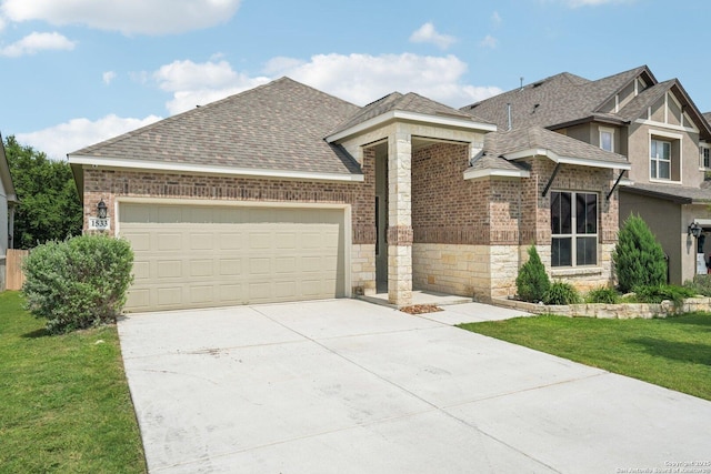 1533 Cawdon Park, Bulverde, TX 78163 - view of front of home featuring roof with shingles, concrete driveway, stone siding, a garage, and a front lawn