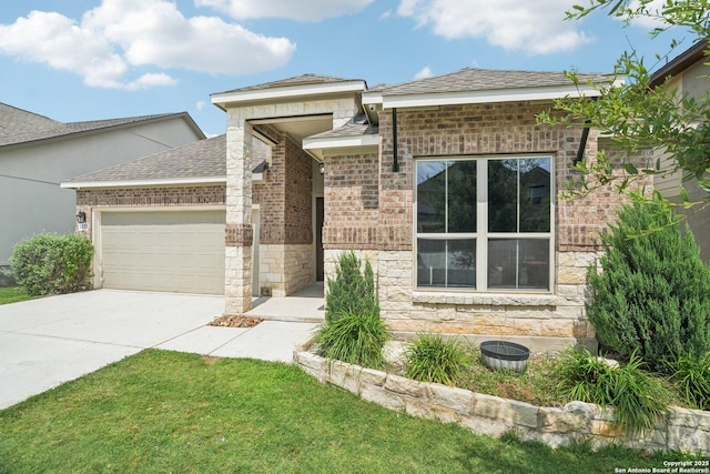 1533 Cawdon Park, Bulverde, TX 78163 - view of front of home featuring an attached garage, driveway, stone siding, roof with shingles, and brick siding