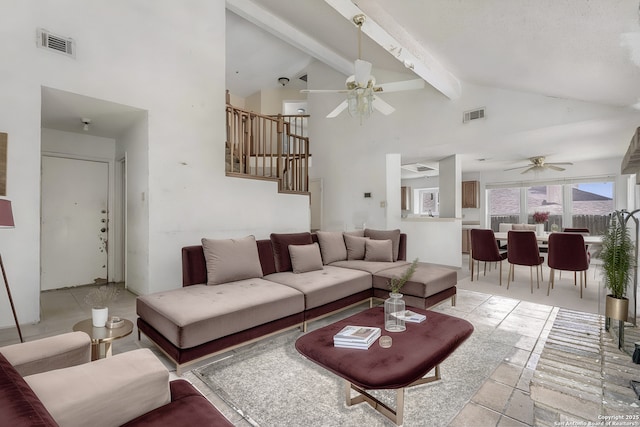 11305 Forest Night, Live Oak, TX 78233 - living area featuring a ceiling fan, high vaulted ceiling, beamed ceiling, and stairway