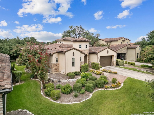 22715 Colibries, San Antonio, TX 78261 - mediterranean / spanish-style house with stucco siding, a garage, driveway, and a front yard