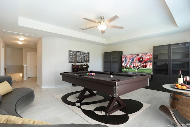 14946 Costa Leon, San Antonio, TX 78245 - recreation room with a raised ceiling, a ceiling fan, pool table, and light wood finished floors