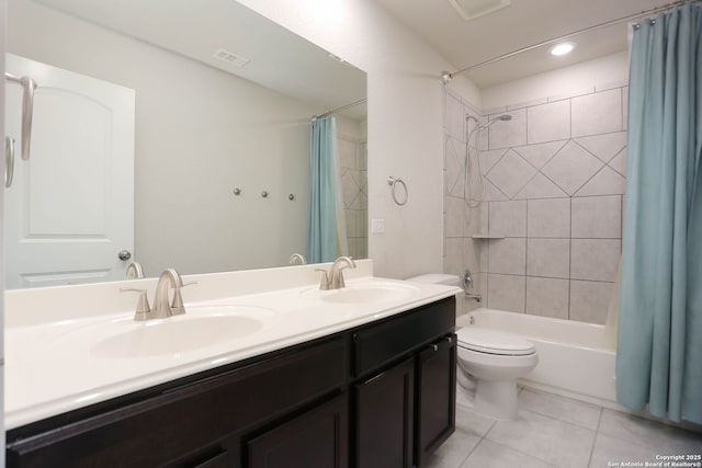 14946 Costa Leon, San Antonio, TX 78245 - full bathroom with shower / bath combination with curtain, tile patterned flooring, double vanity, and recessed lighting
