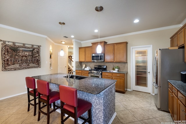 280 Tufted, San Antonio, TX 78253 - kitchen featuring stainless steel appliances, brown cabinets, light tile patterned floors, a kitchen breakfast bar, and crown molding