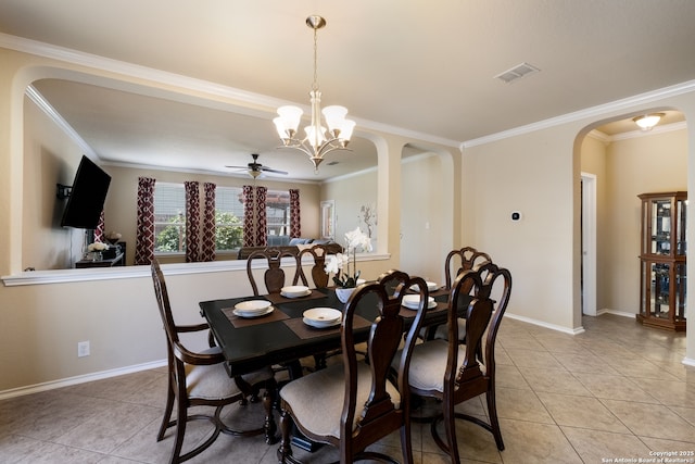 280 Tufted, San Antonio, TX 78253 - dining space featuring arched walkways, light tile patterned floors, ornamental molding, a ceiling fan, and a chandelier