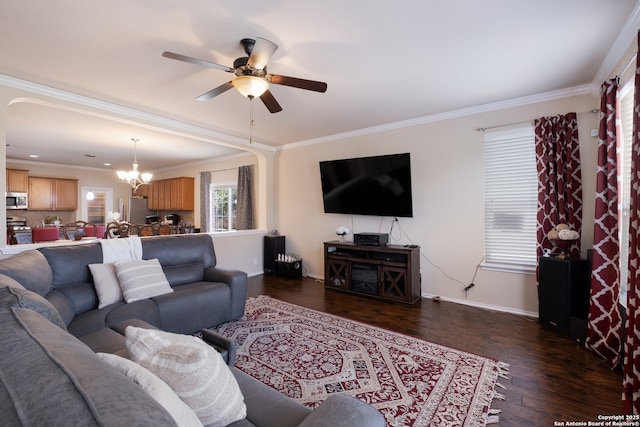 280 Tufted, San Antonio, TX 78253 - living room with ceiling fan, a chandelier, dark wood-style flooring, and crown molding