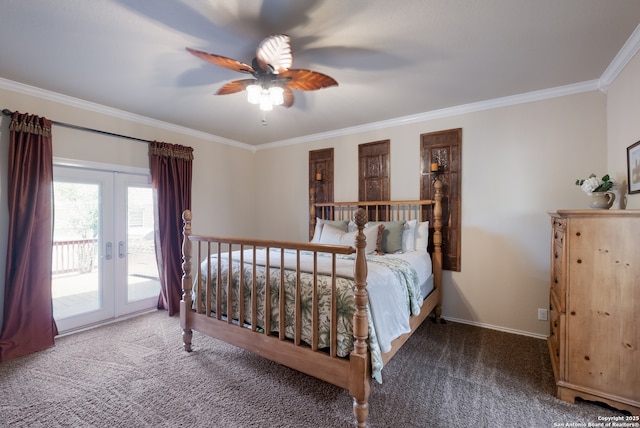 280 Tufted, San Antonio, TX 78253 - carpeted bedroom with ornamental molding, access to exterior, ceiling fan, and french doors