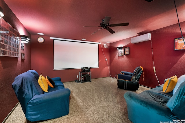 280 Tufted, San Antonio, TX 78253 - carpeted home theater room with a wall mounted AC, ceiling fan, and a textured ceiling