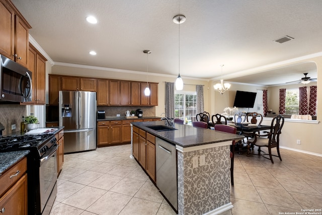 280 Tufted, San Antonio, TX 78253 - kitchen with appliances with stainless steel finishes, brown cabinets, backsplash, light tile patterned floors, and crown molding