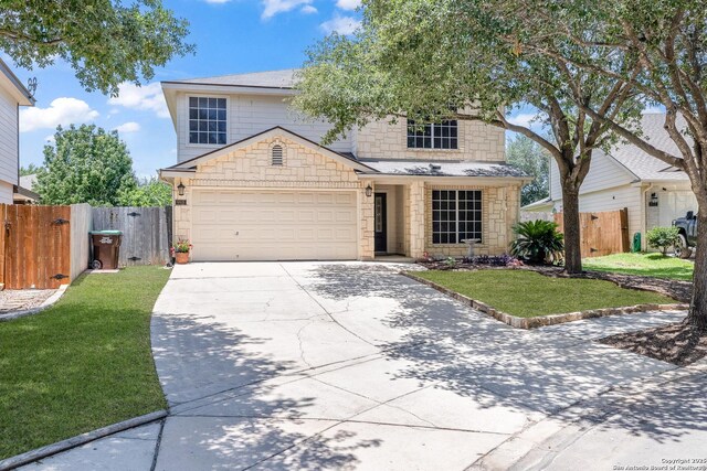 9915 Mustang Isle, San Antonio, TX 78254 - traditional home with concrete driveway, a garage, and stone siding