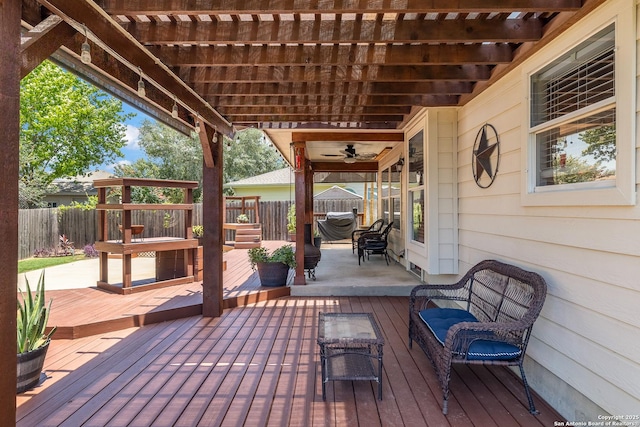 9915 Mustang Isle, San Antonio, TX 78254 - wooden terrace featuring a fenced backyard, a ceiling fan, and a pergola
