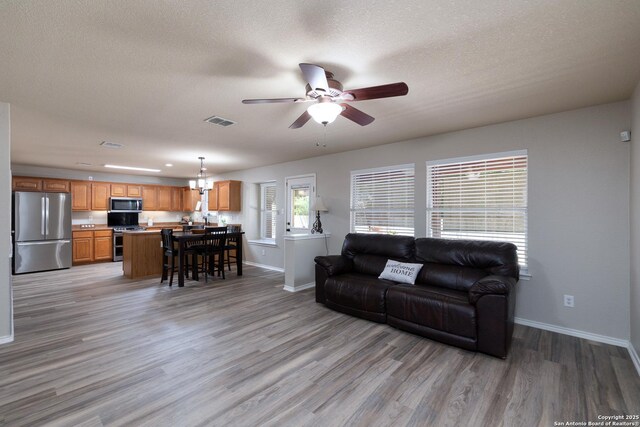 9915 Mustang Isle, San Antonio, TX 78254 - living area with a ceiling fan, light wood-type flooring, and a textured ceiling
