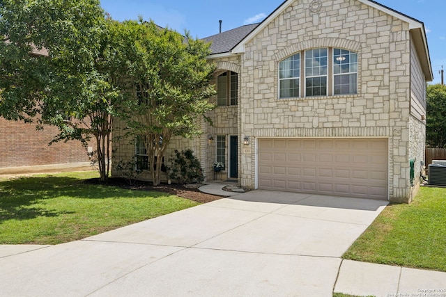 18310 Redwood Path, San Antonio, TX 78259 - view of front of property featuring stone siding, a front yard, and a garage