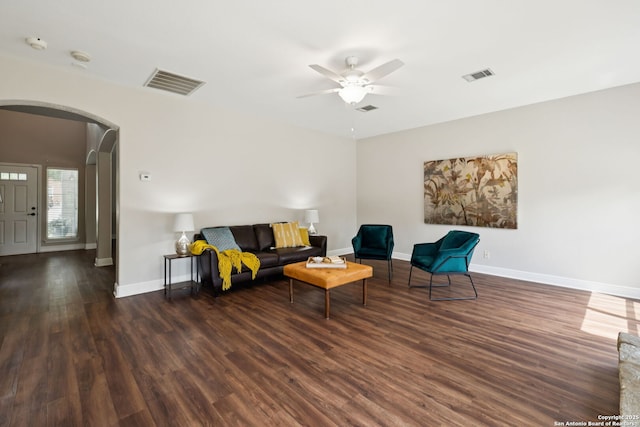 18310 Redwood Path, San Antonio, TX 78259 - living area with arched walkways, wood finished floors, and a ceiling fan