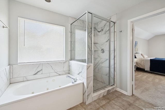18310 Redwood Path, San Antonio, TX 78259 - full bathroom featuring a jetted tub, a marble finish shower, ensuite bath, and tile patterned floors