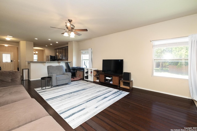 451 Tequila Rnch, San Antonio, TX 78245 - living room featuring a ceiling fan, dark wood finished floors, healthy amount of natural light, and recessed lighting