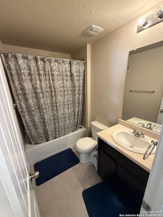 15530 Gray Catbird, San Antonio, TX 78253 - bathroom featuring a textured wall, a textured ceiling, vanity, and shower / bathtub combination with curtain
