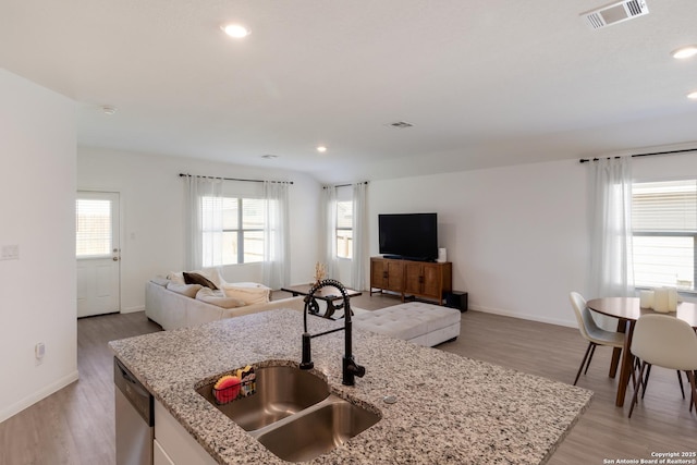 10626 Erinita, Converse, TX 78109 - kitchen with stainless steel dishwasher, open floor plan, light wood-type flooring, light stone countertops, and recessed lighting