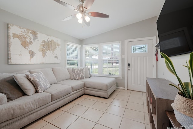 4914 Neer Ave, San Antonio, TX 78213 - living room featuring lofted ceiling, light tile patterned floors, and ceiling fan