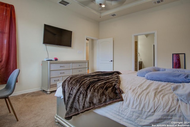 3915 Bacall, Converse, TX 78109 - bedroom with light colored carpet, crown molding, and connected bathroom