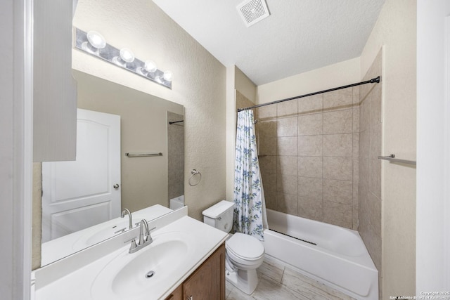 5715 Sendero Spg, San Antonio, TX 78251 - full bathroom with vanity, shower / bathtub combination with curtain, a textured wall, and a textured ceiling