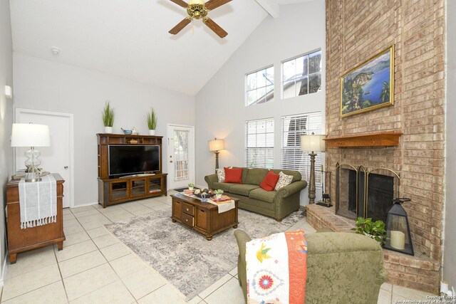 9536 W Dover Rdg, San Antonio, TX 78250 - living room with a brick fireplace, high vaulted ceiling, a ceiling fan, light tile patterned floors, and beamed ceiling