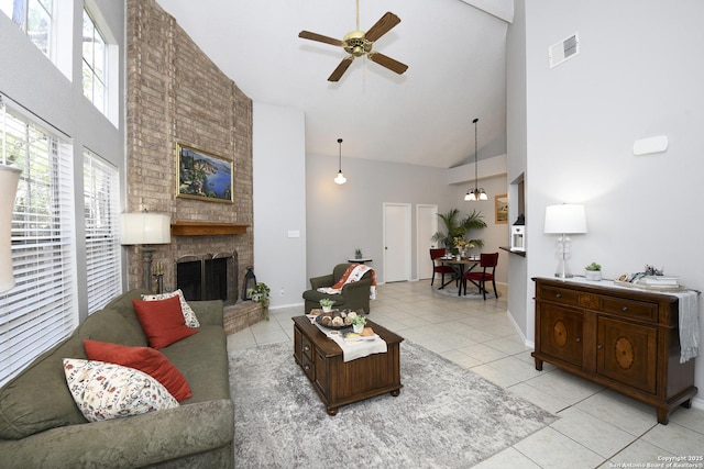 9536 W Dover Rdg, San Antonio, TX 78250 - living area with high vaulted ceiling, light tile patterned floors, a ceiling fan, and a fireplace