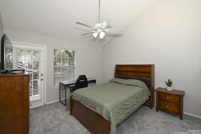 9536 W Dover Rdg, San Antonio, TX 78250 - carpeted bedroom featuring lofted ceiling, access to exterior, and a ceiling fan