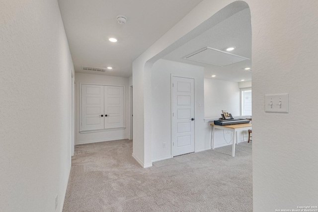 29949 Premiere, Bulverde, TX 78163 - hall with attic access, carpet flooring, and recessed lighting