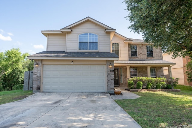 9534 Anderson Way, Converse, TX 78109 - traditional home featuring an attached garage, a front lawn, driveway, brick siding, and a porch