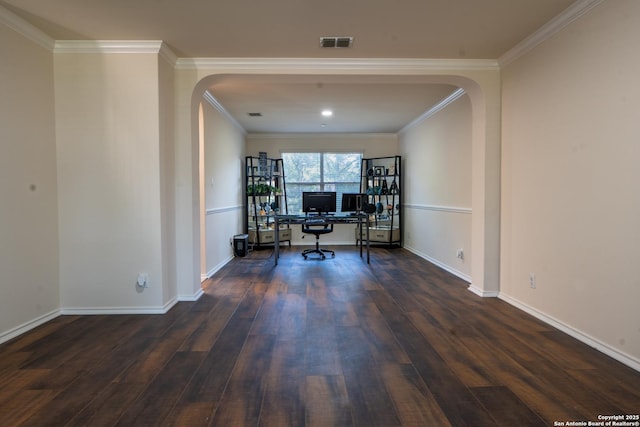9534 Anderson Way, Converse, TX 78109 - office space with arched walkways, dark wood finished floors, and ornamental molding