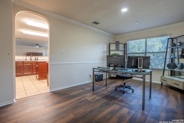 9534 Anderson Way, Converse, TX 78109 - office featuring wood finished floors, ornamental molding, and arched walkways
