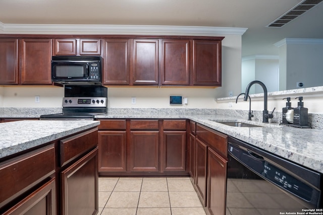 9534 Anderson Way, Converse, TX 78109 - kitchen featuring black appliances, light tile patterned flooring, crown molding, and light stone counters