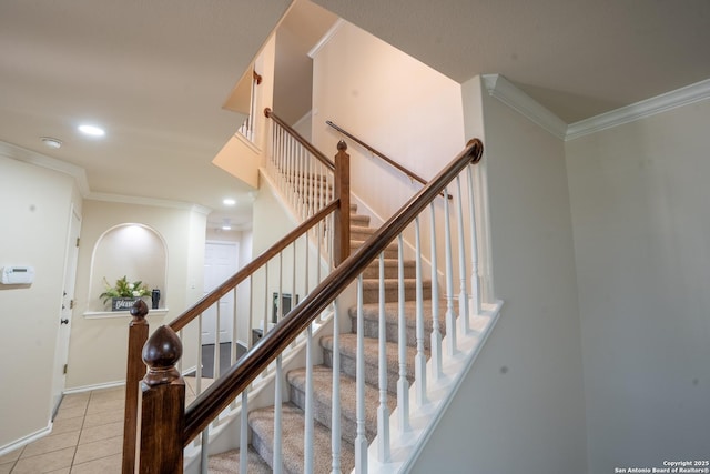 9534 Anderson Way, Converse, TX 78109 - stairs featuring ornamental molding, recessed lighting, and tile patterned flooring