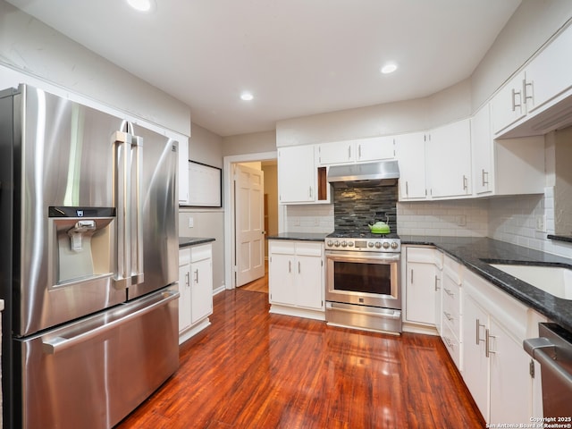 110 W Hermine Blvd, San Antonio, TX 78212 - kitchen featuring stainless steel appliances, under cabinet range hood, dark wood finished floors, white cabinets, and decorative backsplash