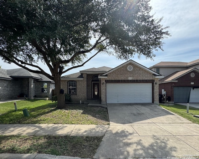 6547 Estes Flts, San Antonio, TX 78242 - ranch-style house with a garage, concrete driveway, a front lawn, and stone siding