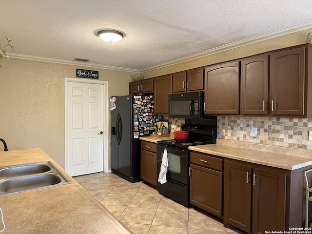 6922 Lunar, Converse, TX 78109 - kitchen featuring black appliances, tasteful backsplash, ornamental molding, light countertops, and dark brown cabinets
