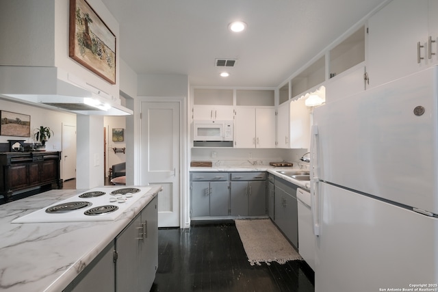 539 Rittiman, San Antonio, TX 78209 - kitchen with white appliances, gray cabinets, dark wood-style floors, recessed lighting, and white cabinetry