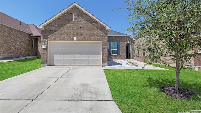 6314 Hibiscus Fls, San Antonio, TX 78218 - view of front of house featuring brick siding, a front lawn, concrete driveway, and an attached garage