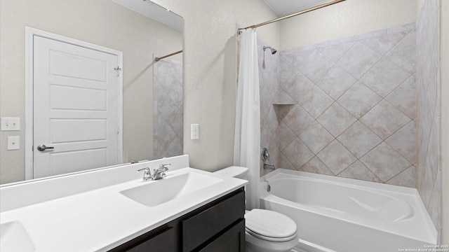 6314 Hibiscus Fls, San Antonio, TX 78218 - bathroom with shower / tub combo with curtain, vanity, and a textured wall